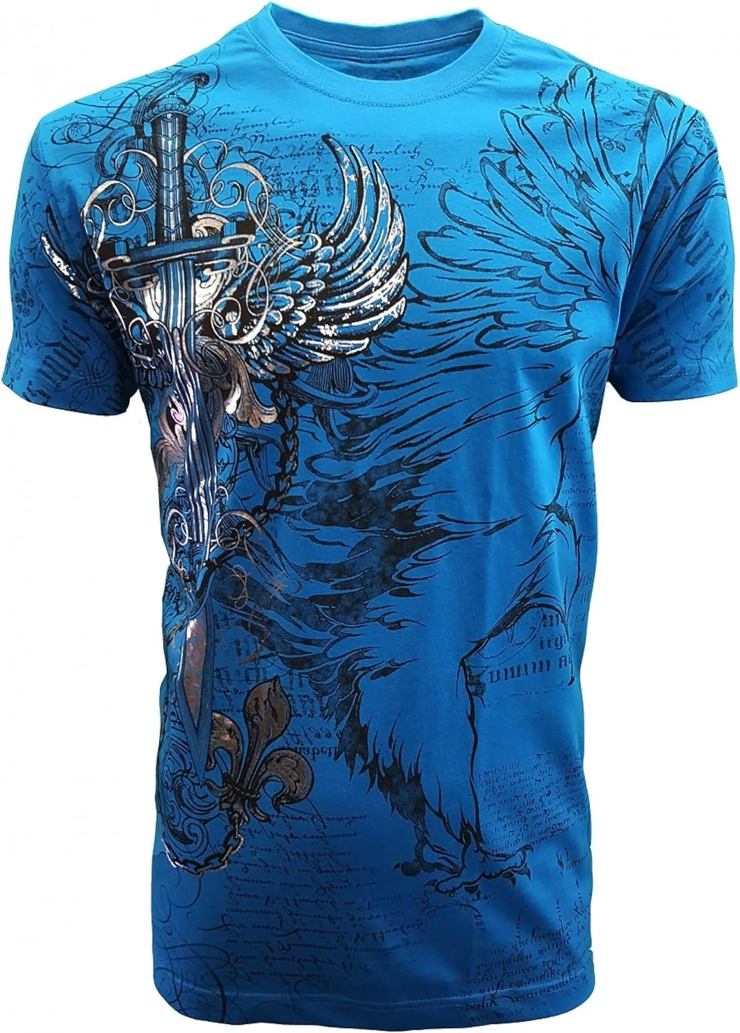 KonflicUSA Men's Graphic Eagle Sword and Chains Metallic Silver Embossed Crew Neck ClassicFit Muscle T-Shirt for Men's Tees