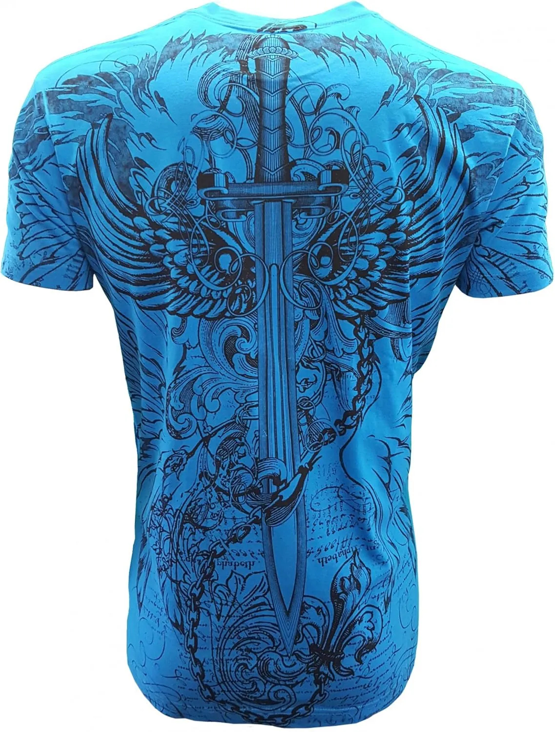 KonflicUSA Men's Graphic Eagle Sword and Chains Metallic Silver Embossed Crew Neck ClassicFit Muscle T-Shirt for Men's Tees