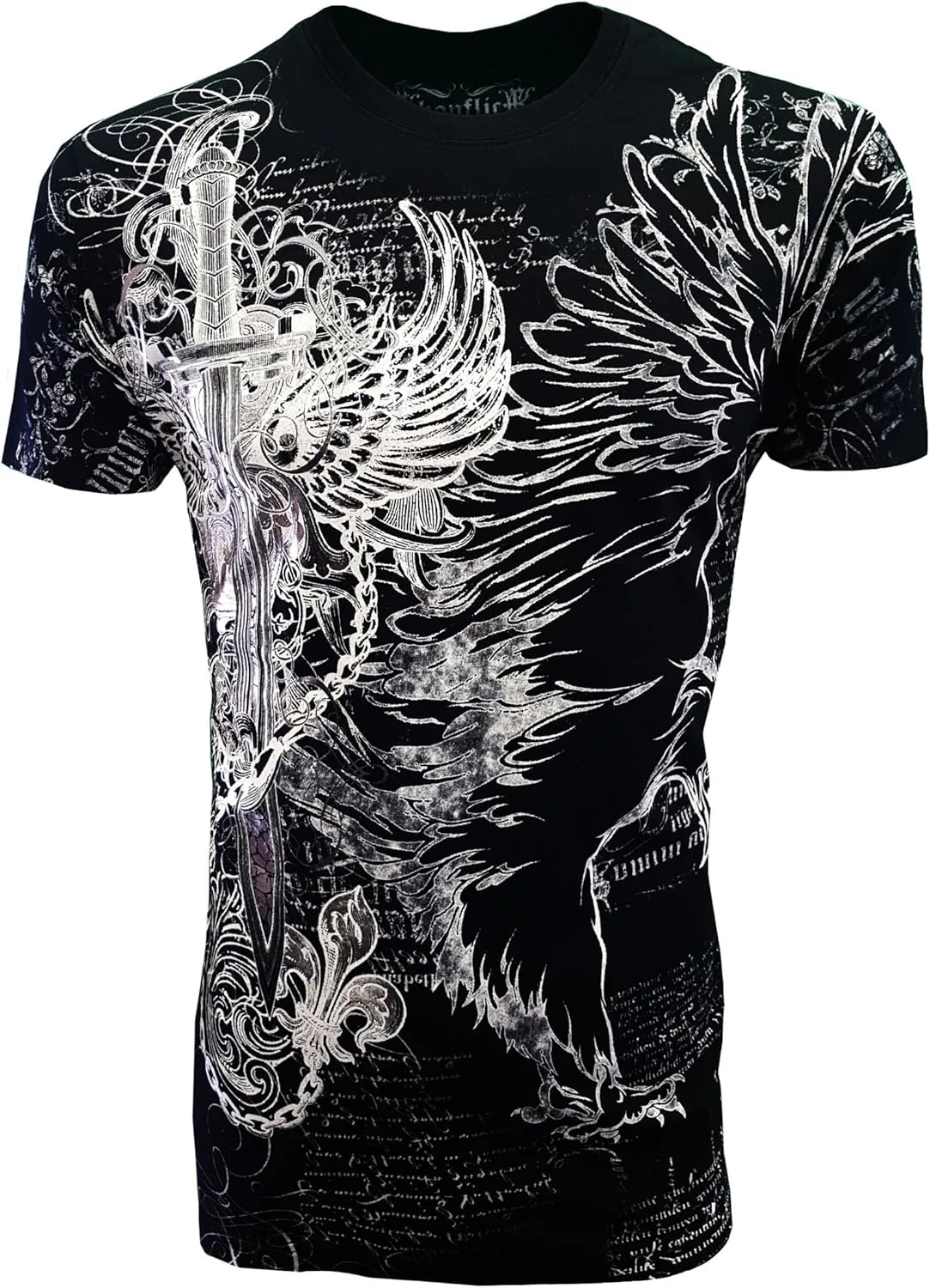 KonflicUSA Men's Graphic Eagle Sword and Chains Metallic Silver Embossed Crew Neck ClassicFit Muscle T-Shirt for Men's Tees