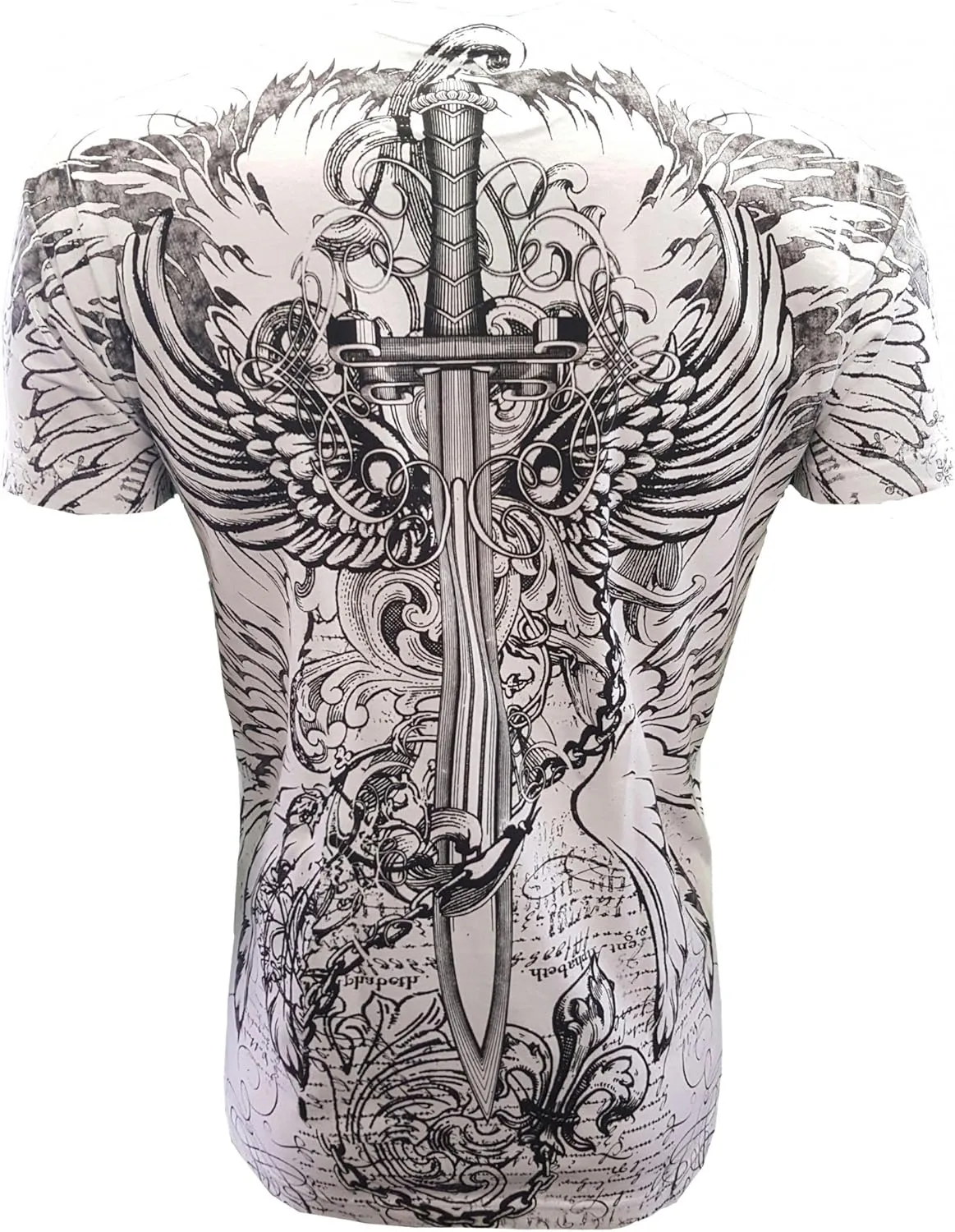 KonflicUSA Men's Graphic Eagle Sword and Chains Metallic Silver Embossed Crew Neck ClassicFit Muscle T-Shirt for Men's Tees