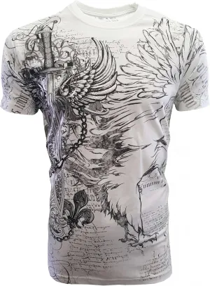 KonflicUSA Men's Graphic Eagle Sword and Chains Metallic Silver Embossed Crew Neck ClassicFit Muscle T-Shirt for Men's Tees