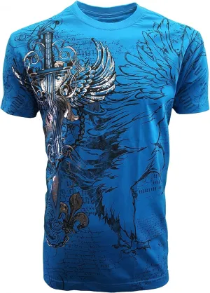 KonflicUSA Men's Graphic Eagle Sword and Chains Metallic Silver Embossed Crew Neck ClassicFit Muscle T-Shirt for Men's Tees