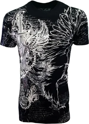 KonflicUSA Men's Graphic Eagle Sword and Chains Metallic Silver Embossed Crew Neck ClassicFit Muscle T-Shirt for Men's Tees