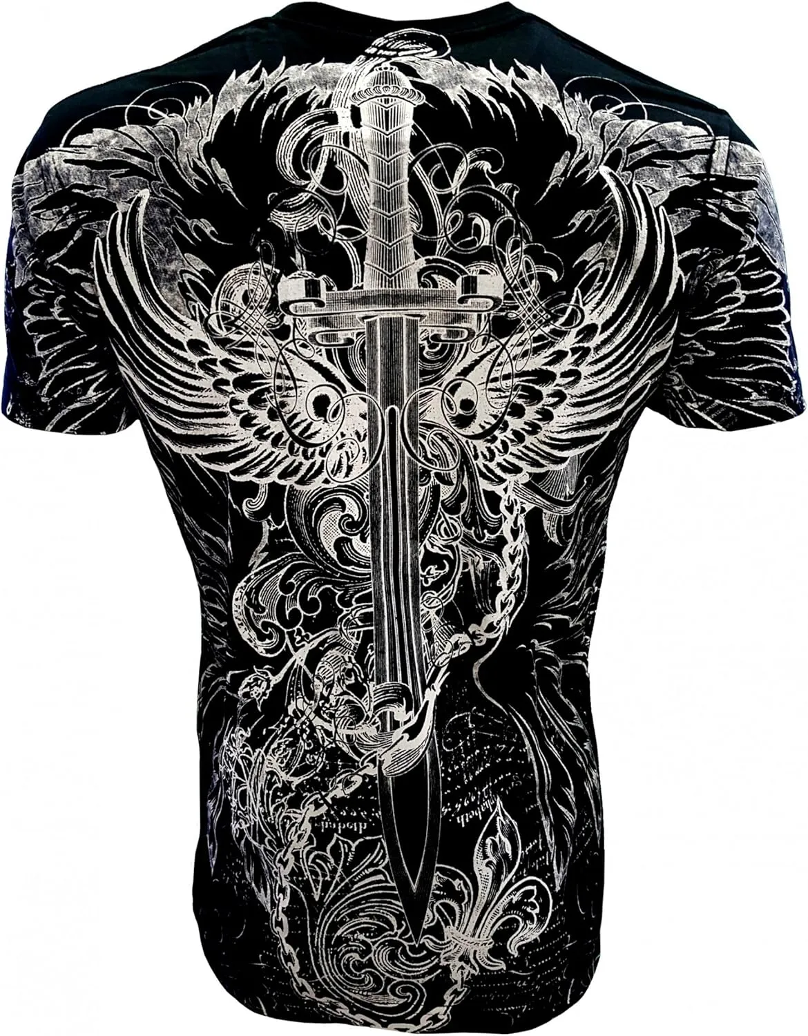 KonflicUSA Men's Graphic Eagle Sword and Chains Metallic Silver Embossed Crew Neck ClassicFit Muscle T-Shirt for Men's Tees
