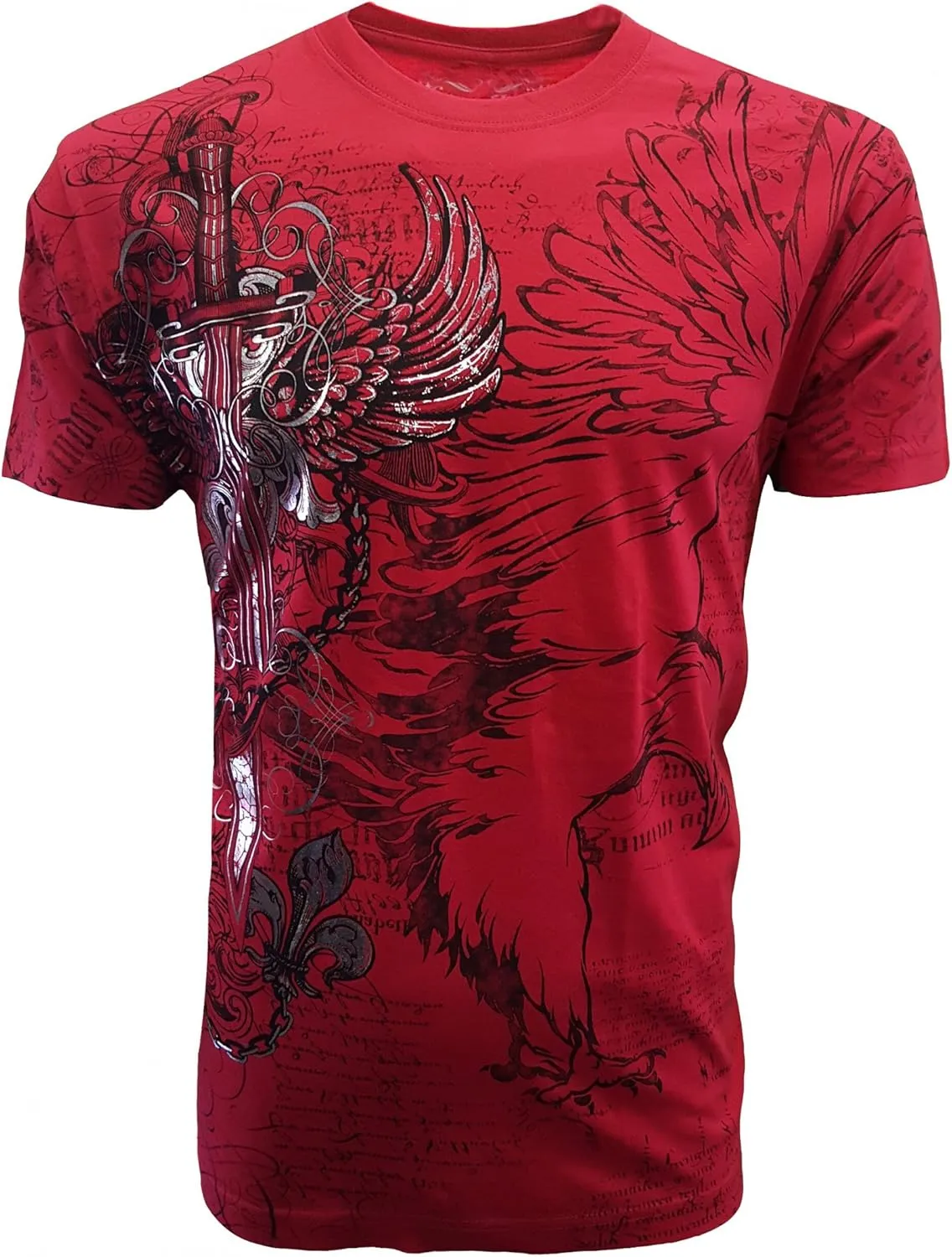KonflicUSA Men's Graphic Eagle Sword and Chains Metallic Silver Embossed Crew Neck ClassicFit Muscle T-Shirt for Men's Tees