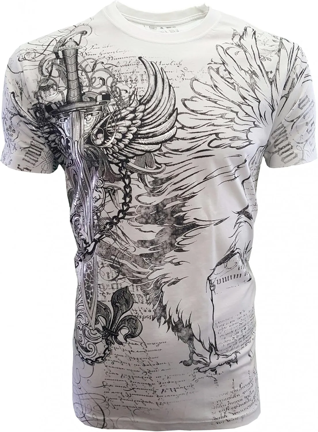 KonflicUSA Men's Graphic Eagle Sword and Chains Metallic Silver Embossed Crew Neck ClassicFit Muscle T-Shirt for Men's Tees