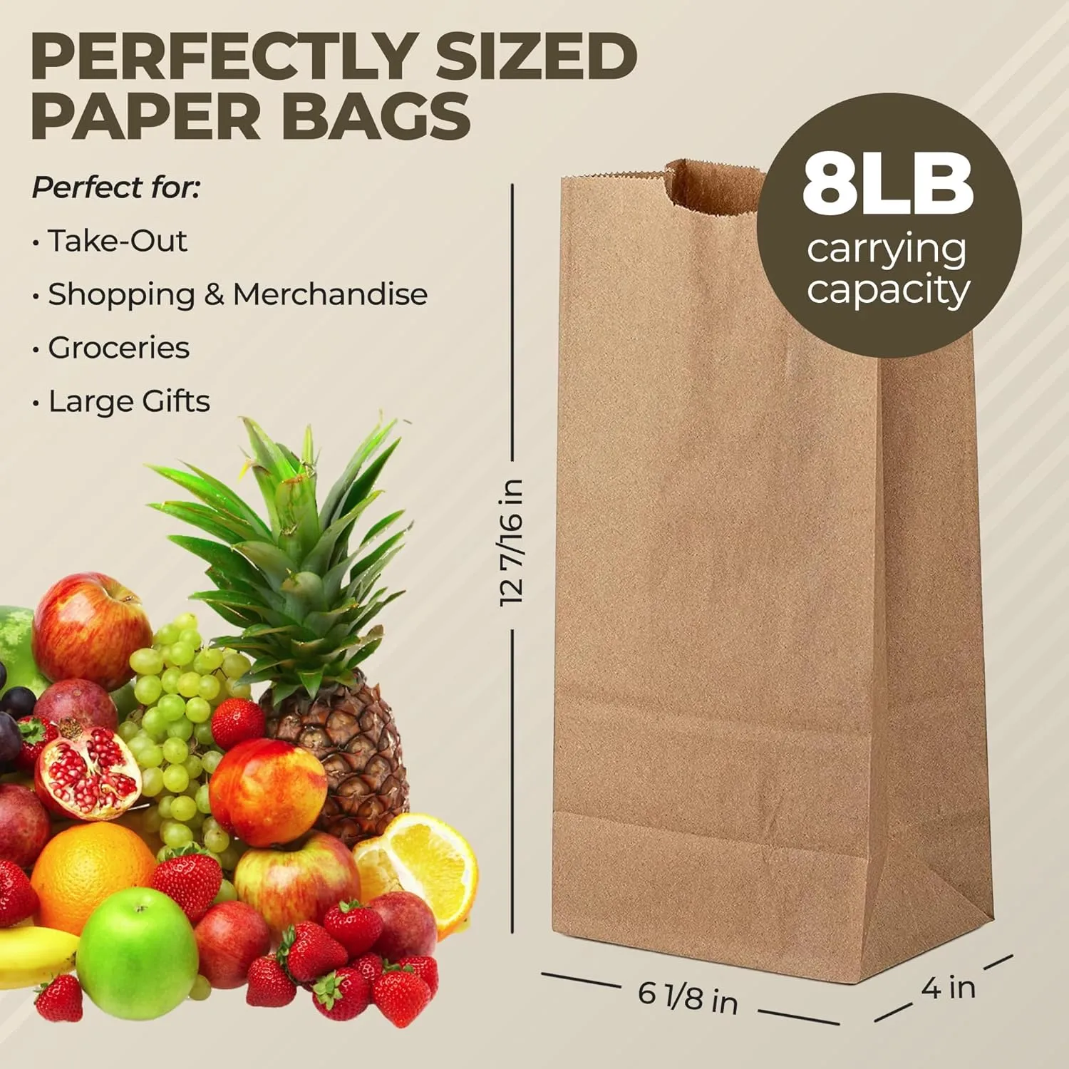 Kraft Brown Paper Lunch Bags | 8 Lb. 300 Pack | Bulk Disposable Large Lunch Size Paper Bags for Kids, Small Business, Sandwich Snack Food, Grocery Shopping, Restaurant Store Supplies