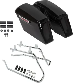 KUAFU Chrome Bracket & Saddle Bags W/Lid & Latch Key Compatible with 1993-2013 Harley Davidson Softail Models Conversion Bracket Kit Support Mounts Saddlebag (2 Packages Sent)