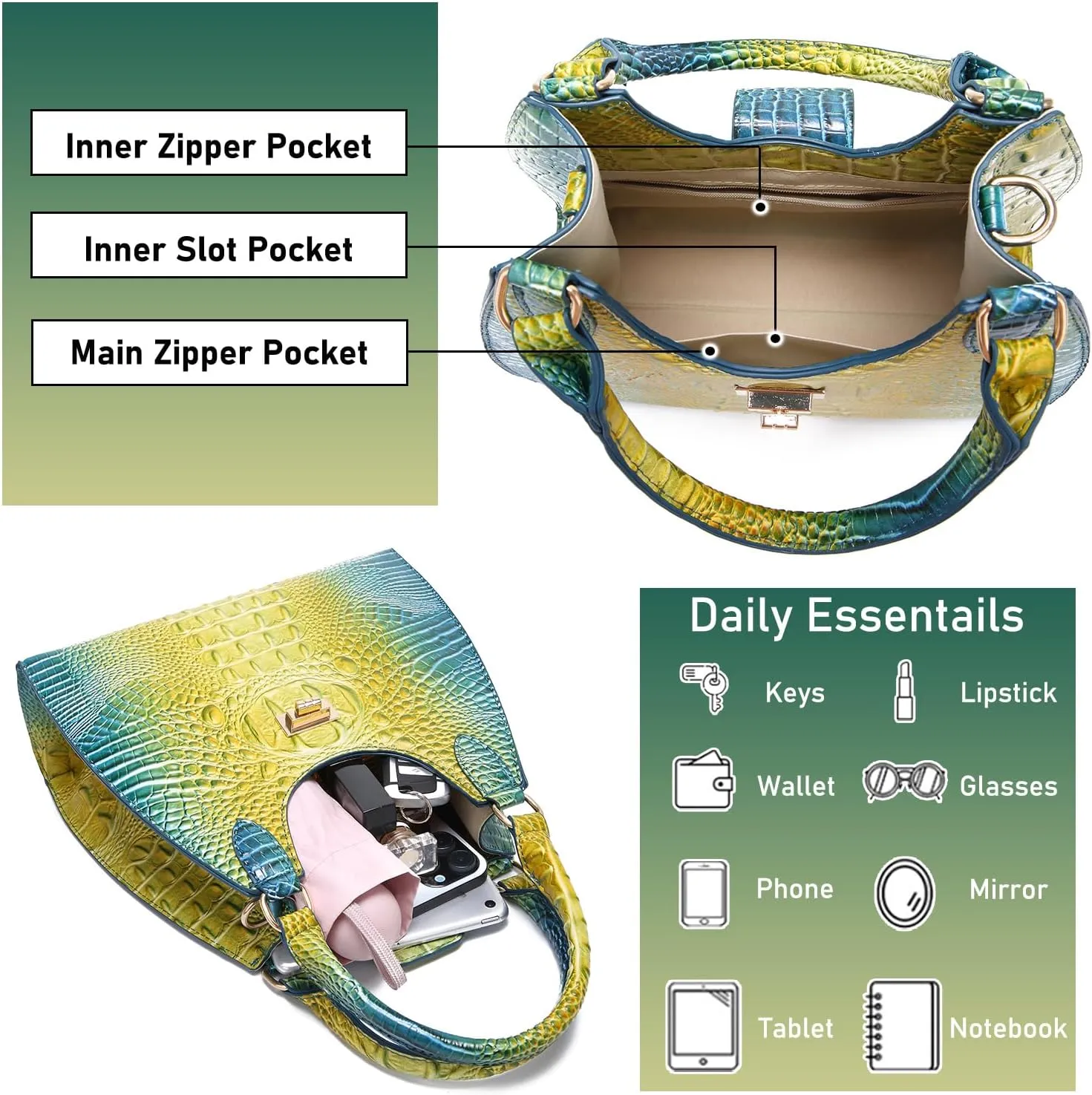 Ladies Tote Leather Bags for Women Crocodile Embossed Zipper Satchel Purse Classy Compartments Crossbody bag