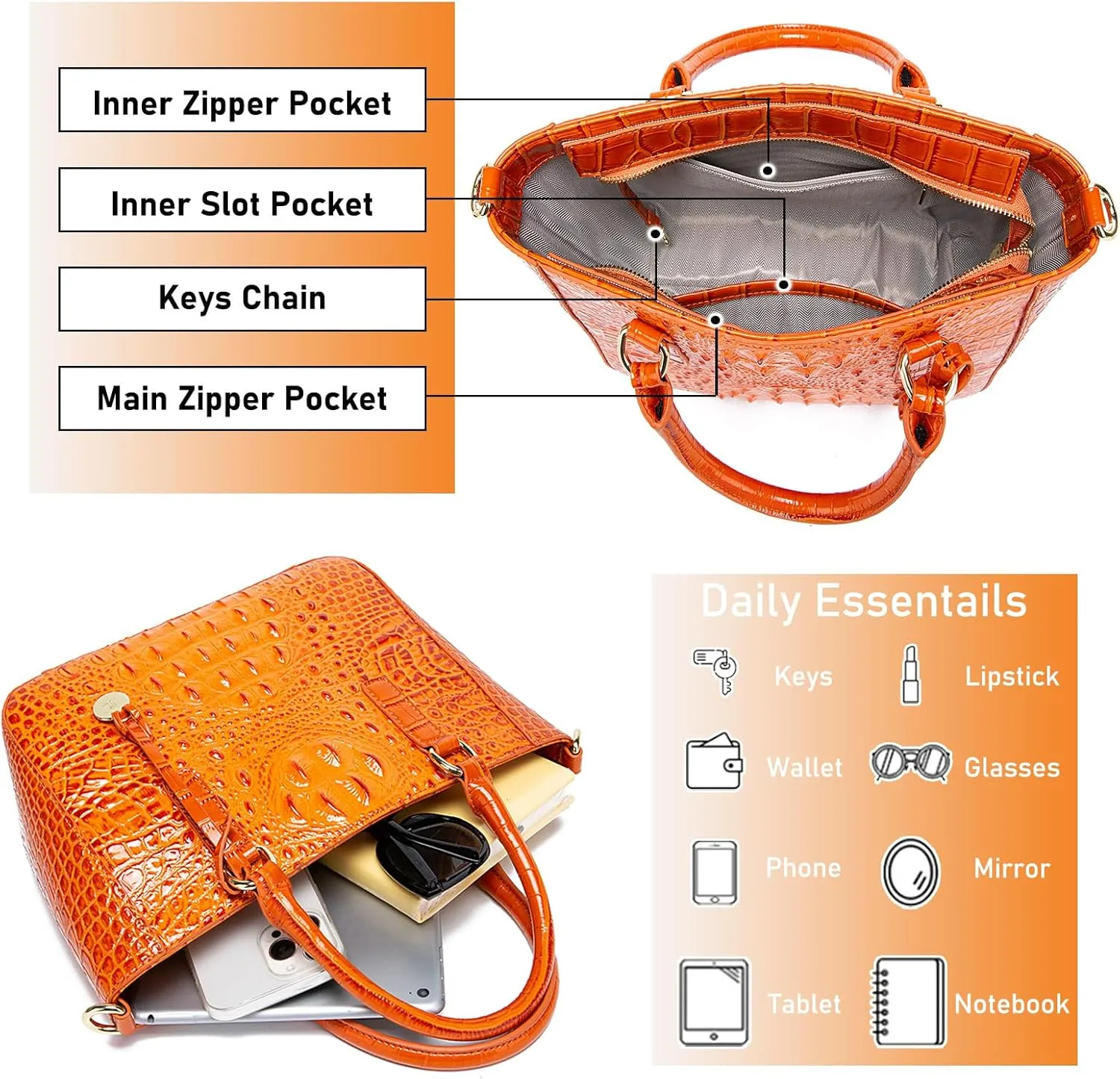 Ladies Tote Leather Bags for Women Crocodile Embossed Zipper Satchel Purse Elegant Compartments Crossbody Work