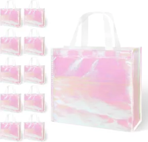 LadyRosian 12 Pcs Reusable Glossy Gift Bag, Non-woven Tote Grocery Bag with Handle, Foldable Party Favor Gift Bags