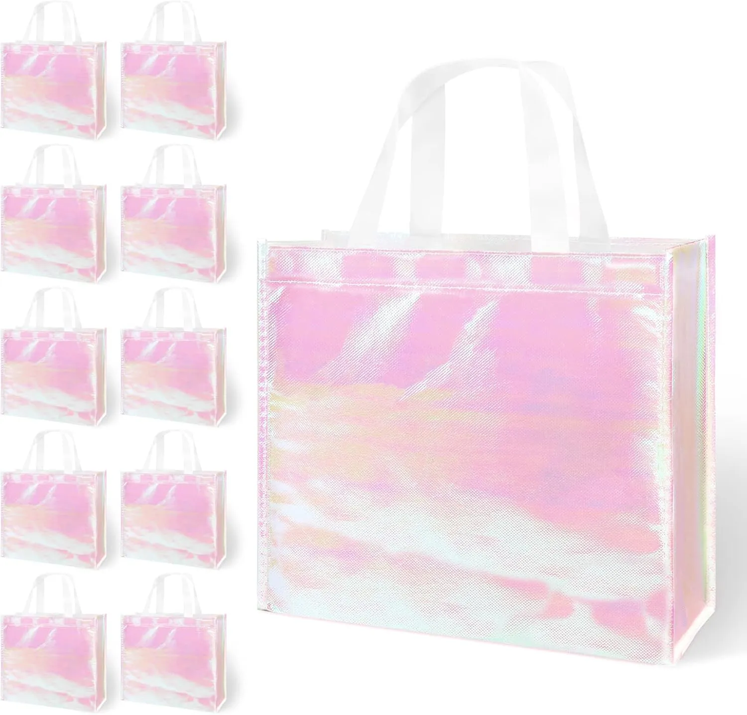 LadyRosian 12 Pcs Reusable Glossy Gift Bag, Non-woven Tote Grocery Bag with Handle, Foldable Party Favor Gift Bags