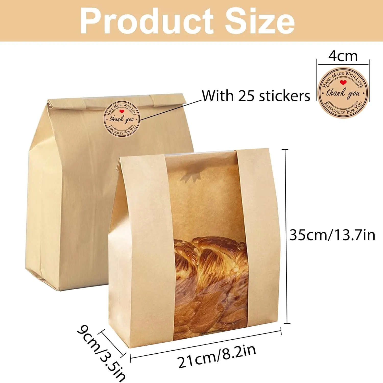 Large Paper Bread Bags for Homemade Sourdough-Bread Packaging Bag for Gifting, Label Seal Sticker Included Pack of 100(13.7x8.2x3.5 inch)
