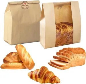 Large Paper Bread Bags for Homemade Sourdough-Bread Packaging Bag for Gifting, Label Seal Sticker Included Pack of 100(13.7x8.2x3.5 inch)