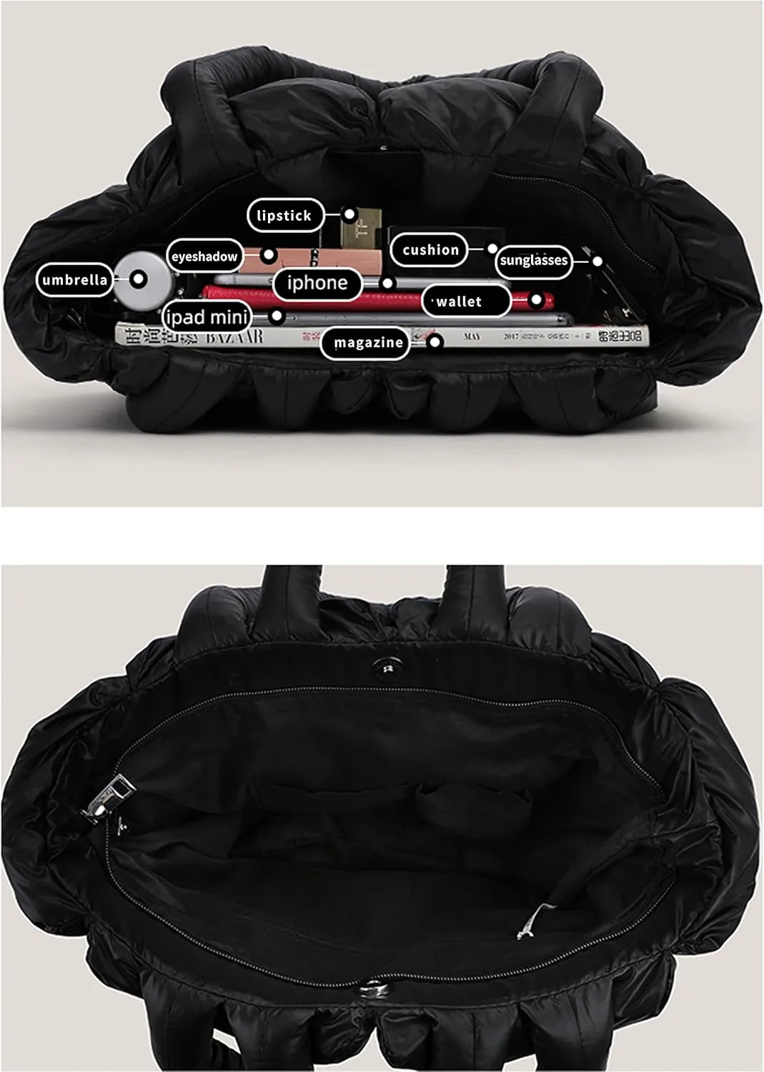 Large Puffer Tote Bag, Trendy Quilted Cotton Padded Handbags for women, Soft Shoulder Bag Nylon Down Pillow Shopper Bag