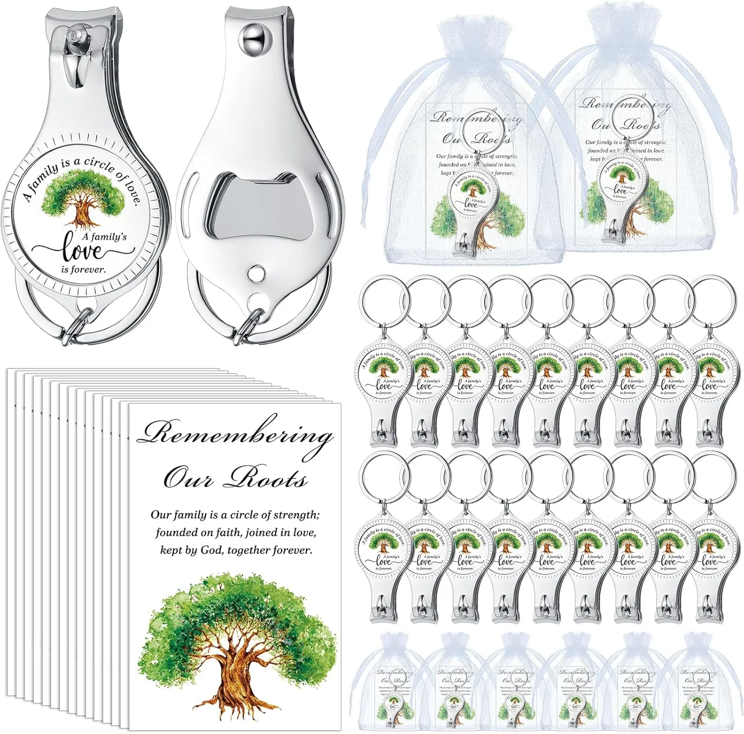 Lasnten 30 Sets Family Reunion Party Favors Decorations Bulk Family Tree Keychain Bottle Opener with Card and Gift Bag for Home Reunion Party Supplies