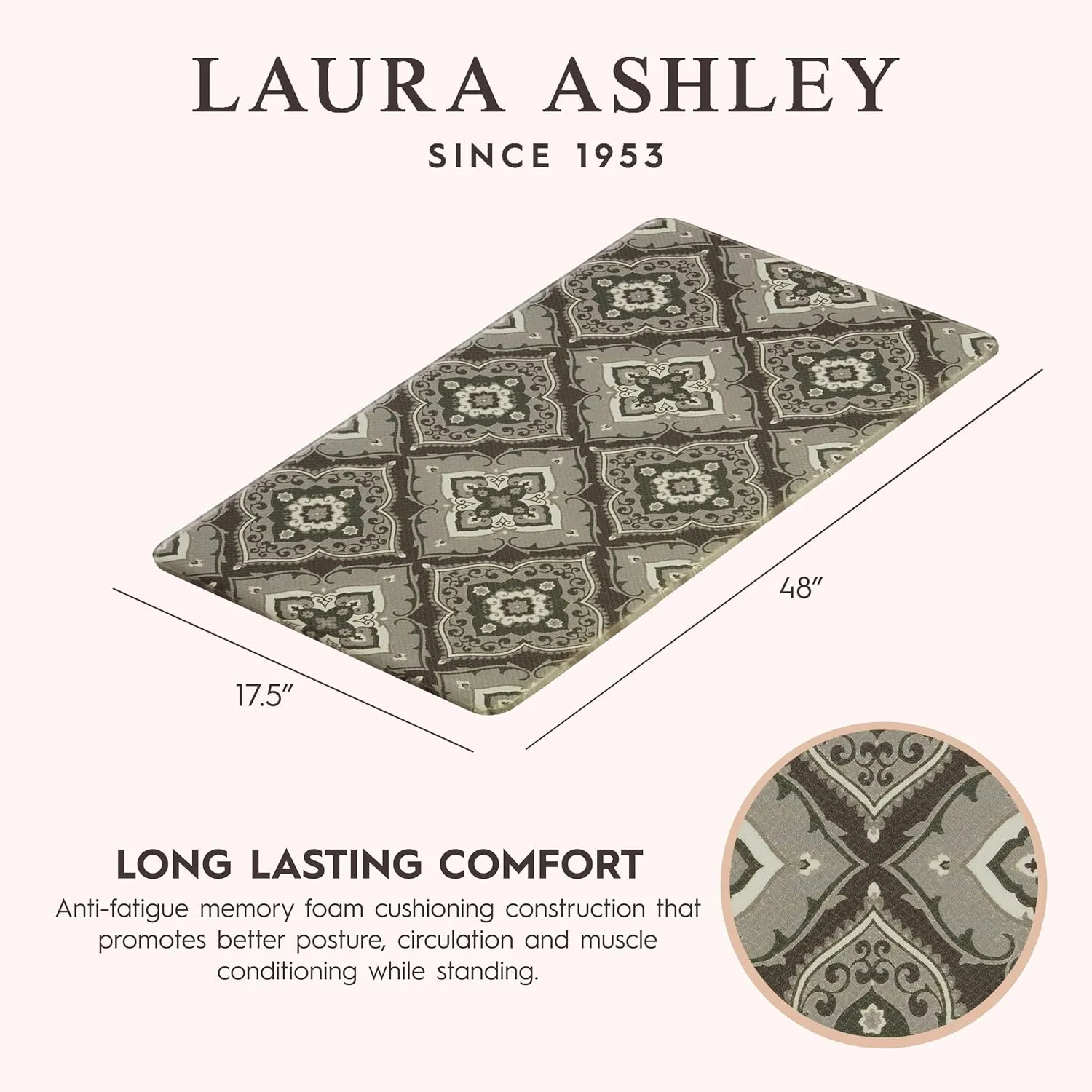 Laura Ashley – Anti-Fatigue Kitchen Mat, Allie Medallion Design, Stain, Water & Fade Resistant, Cooking & Standing Relief, Non-Slip Backing, Measures 17.5” x 48", Dark Grey Allie