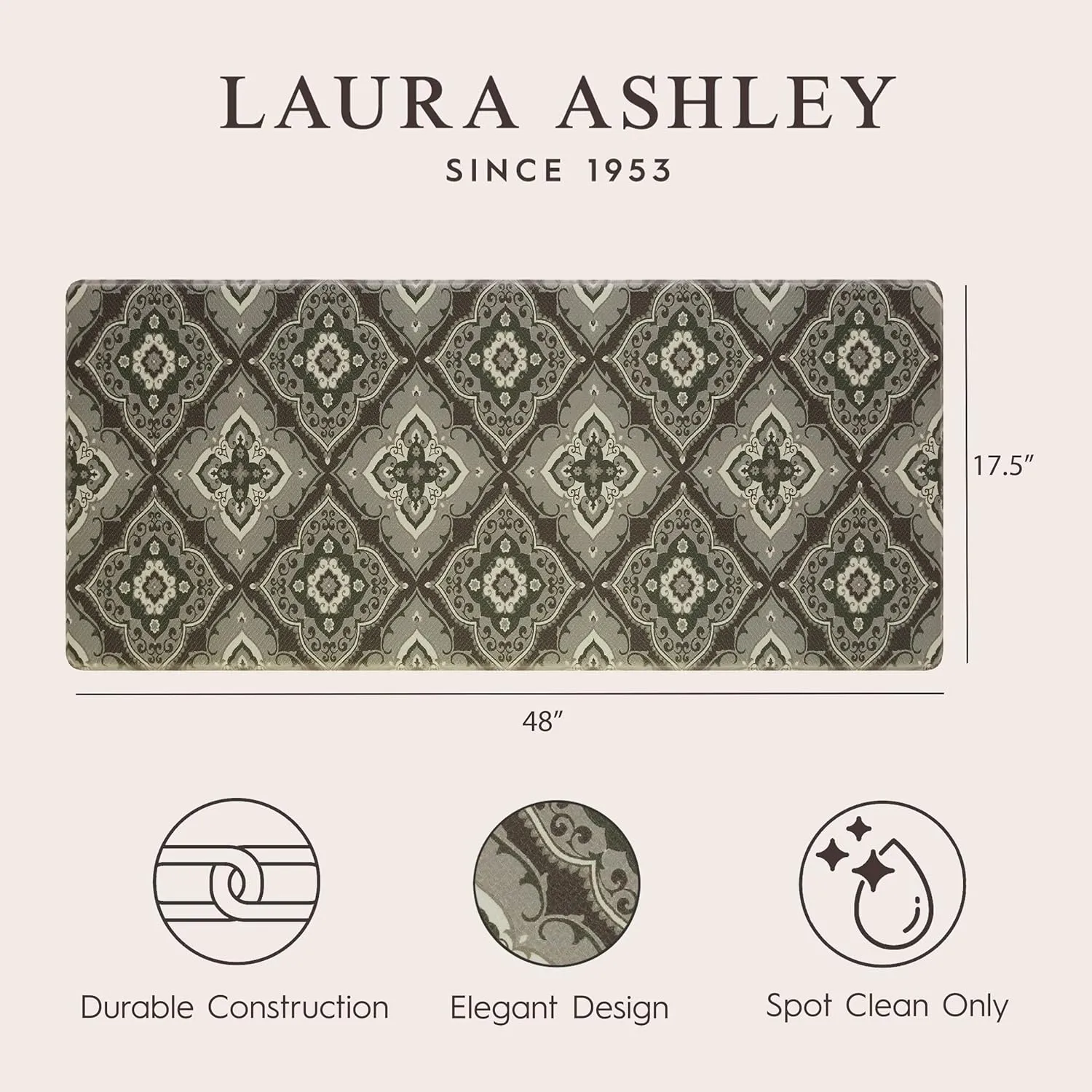 Laura Ashley – Anti-Fatigue Kitchen Mat, Allie Medallion Design, Stain, Water & Fade Resistant, Cooking & Standing Relief, Non-Slip Backing, Measures 17.5” x 48", Dark Grey Allie