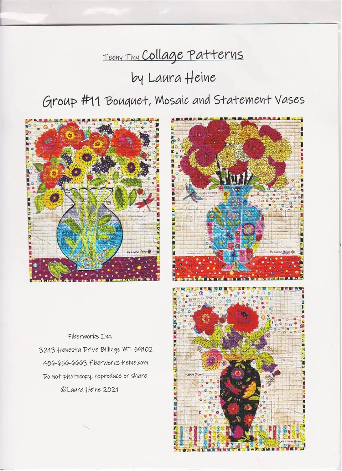 Laura Heine Quilt Pattern for Fiberworks Inc - Teeny Tiny Collage Patterns Group 11: Bouquet, Mosaic, and Statement Vases