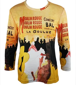 Lautrec Moulin Rouge, 3/4 Sleeve Hand Silk Screened Illustrated Art Fashion Top Multicolored