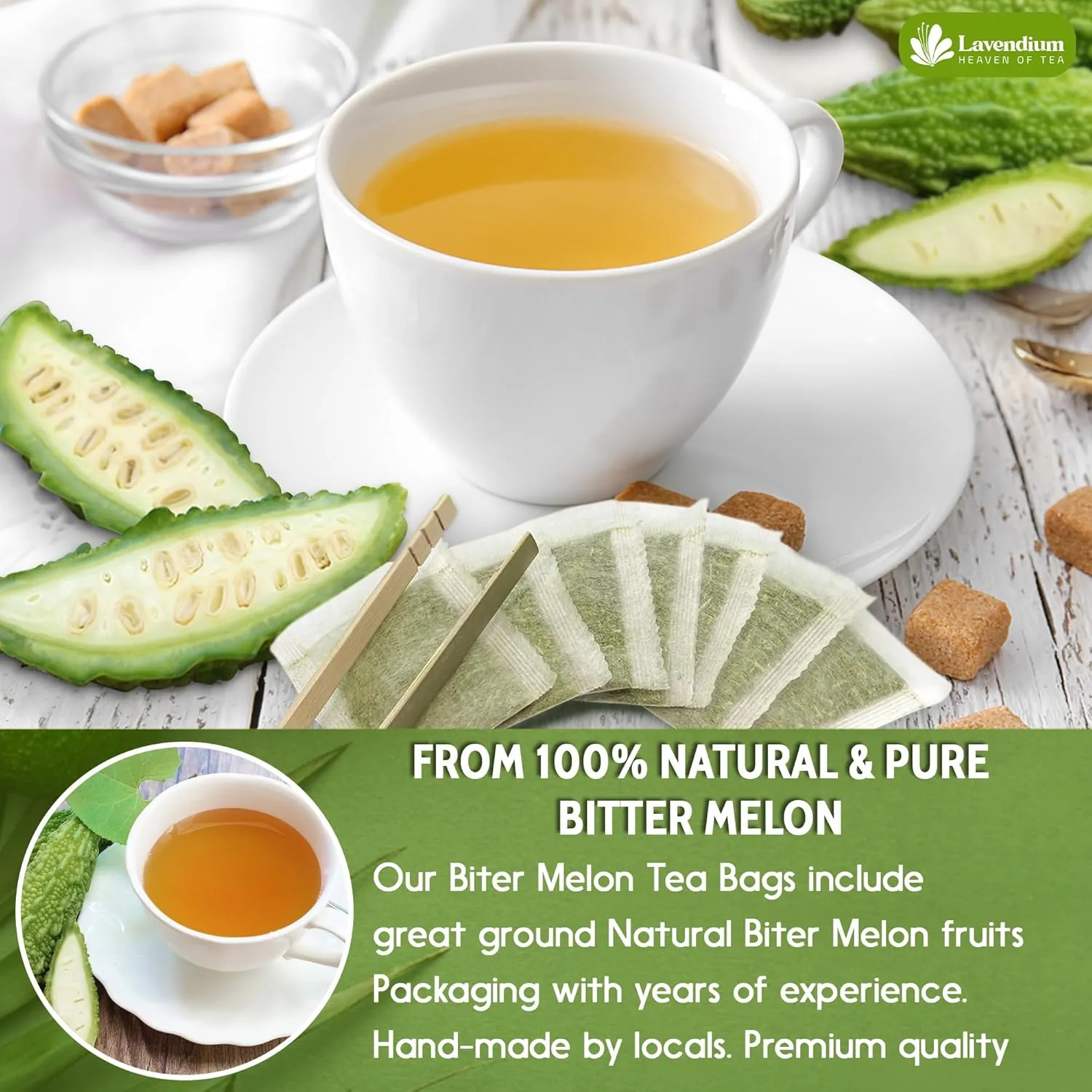 Lavendium, Premium 120 Tea Bags Bitter Melon Fruit Herbal Tea, 100% Natural and Pure, Hand-made, Made With Natural Materials-Corn Fiber Tea Bag, Sugar Free. Caffeine Free. Gluten Free. Vegan