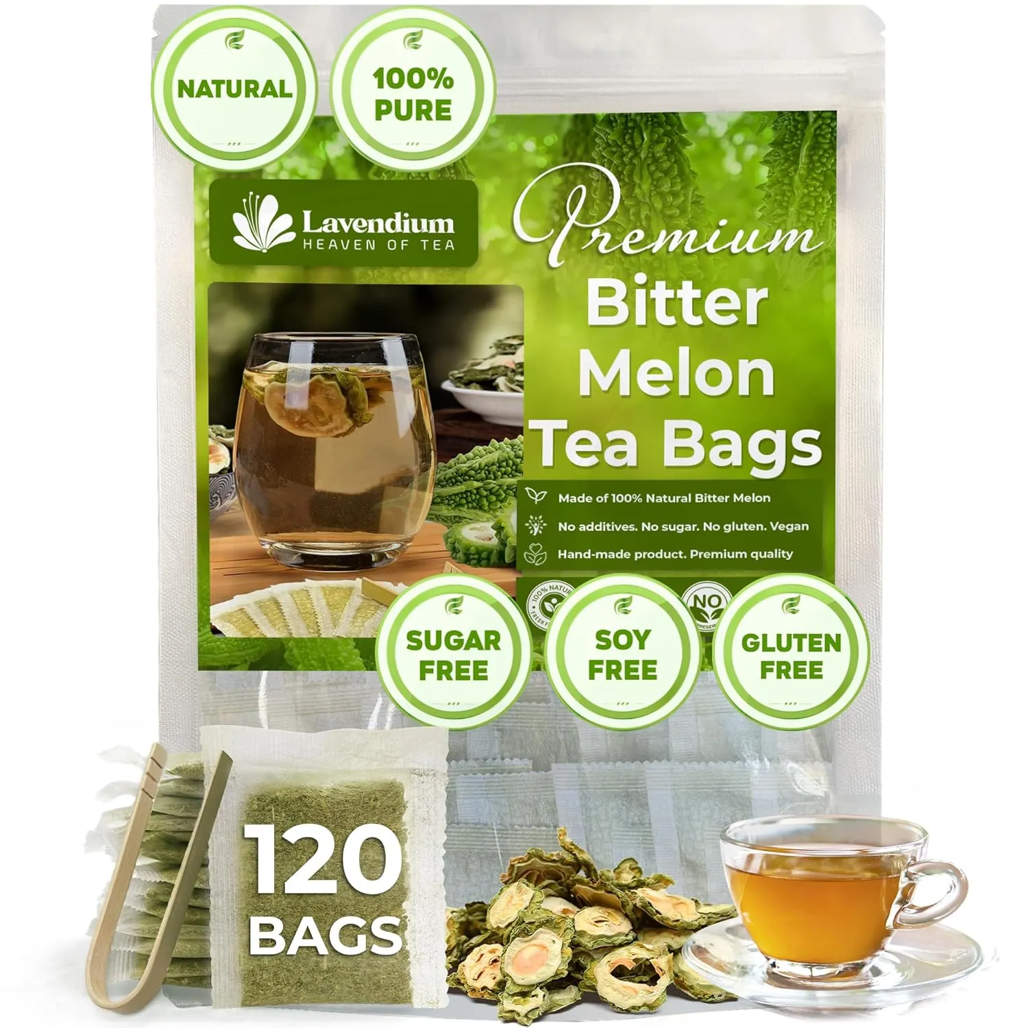 Lavendium, Premium 120 Tea Bags Bitter Melon Fruit Herbal Tea, 100% Natural and Pure, Hand-made, Made With Natural Materials-Corn Fiber Tea Bag, Sugar Free. Caffeine Free. Gluten Free. Vegan