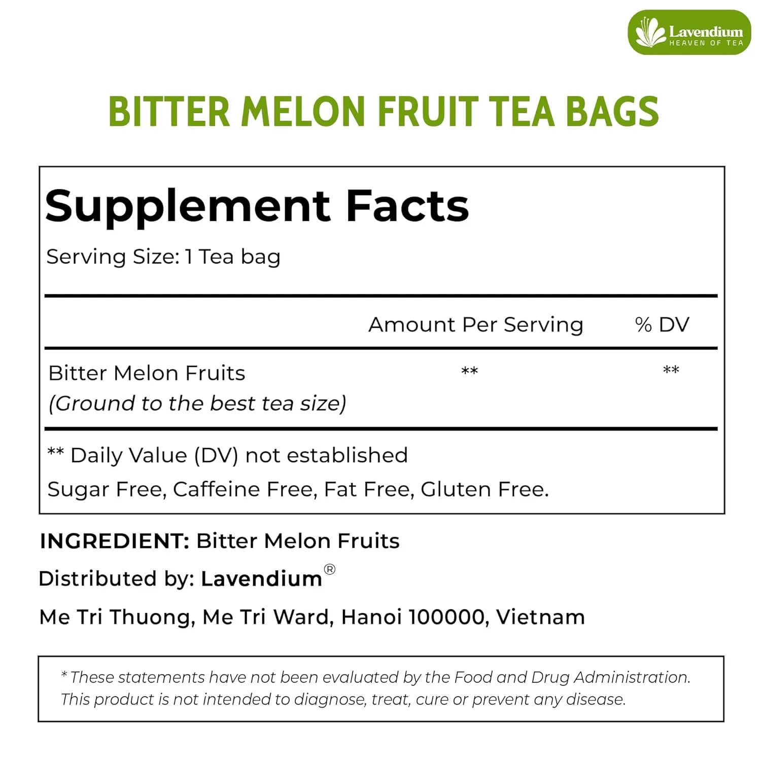 Lavendium, Premium 120 Tea Bags Bitter Melon Fruit Herbal Tea, 100% Natural and Pure, Hand-made, Made With Natural Materials-Corn Fiber Tea Bag, Sugar Free. Caffeine Free. Gluten Free. Vegan