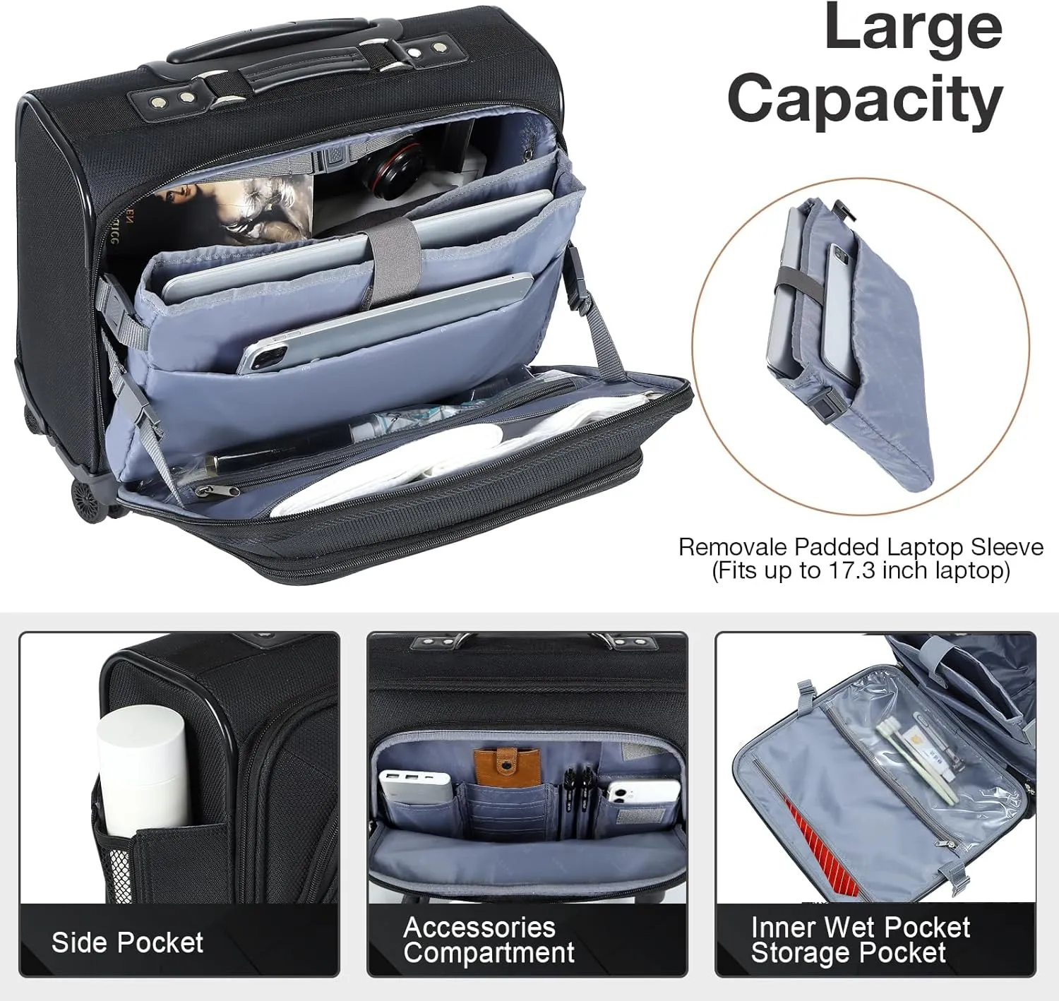 Lekebobor Rolling Laptop Bag Rolling, Laptop Briefcase on Wheels with 3 Packing Cubes for Women Fits Up to 17.3Inch computer Bags Water Resistant for Work Travel and Business, Black