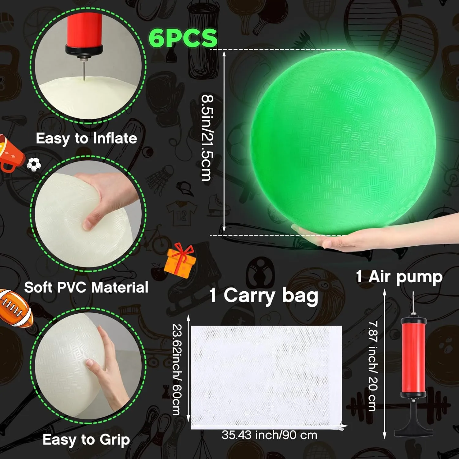 Libima 8.5 Inches Glow in The Dark Kickballs Dodgeballs Light up Playground Ball Bouncy Balls with Pump for Kids Adults Playground School Backyard Game Outdoor Glow in The Dark Games