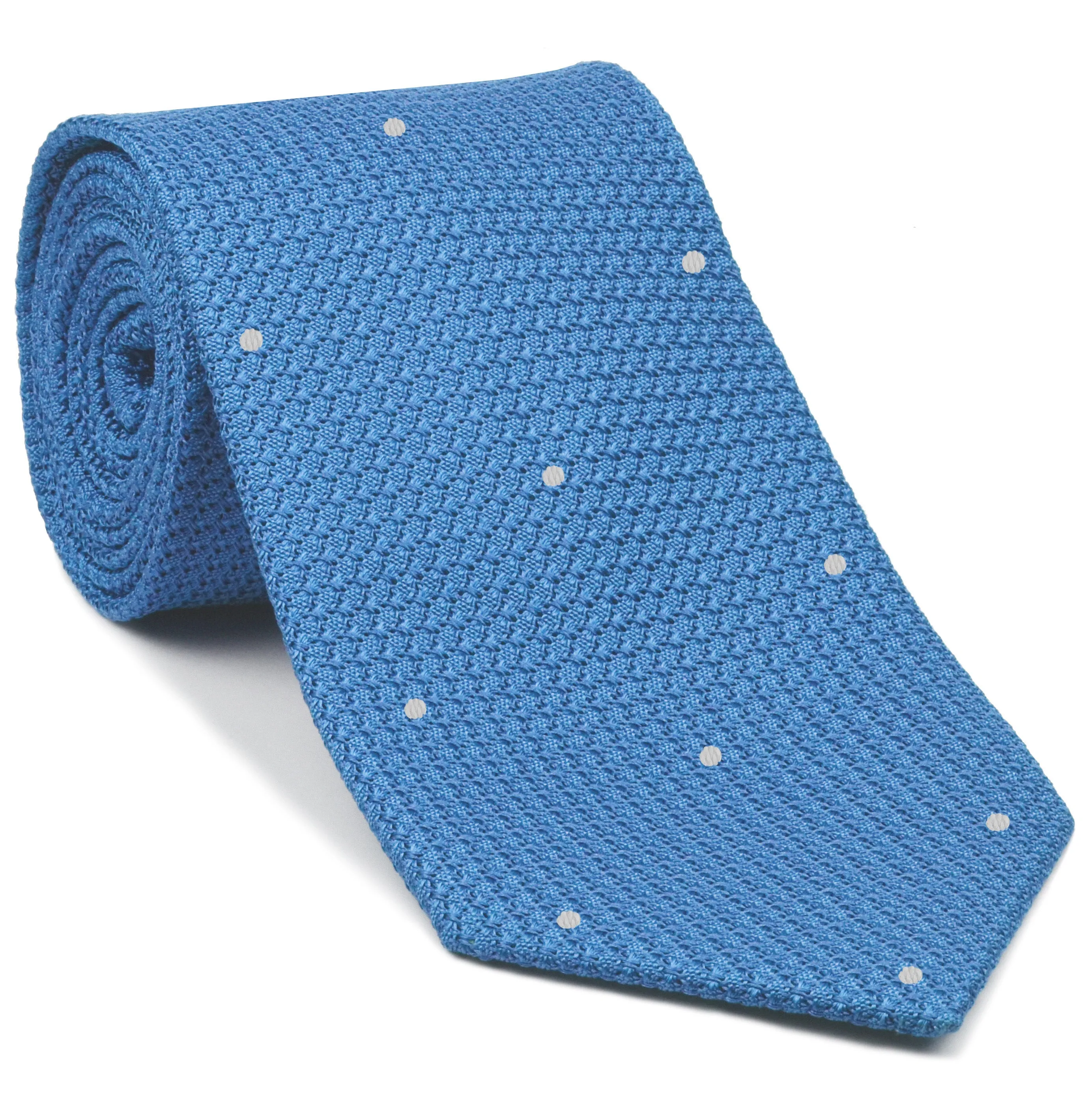 Light Oxford Blue Grenadine Grossa with White (Hand Sewn) Pin Dots Silk Tie #GGDT-36 (1)