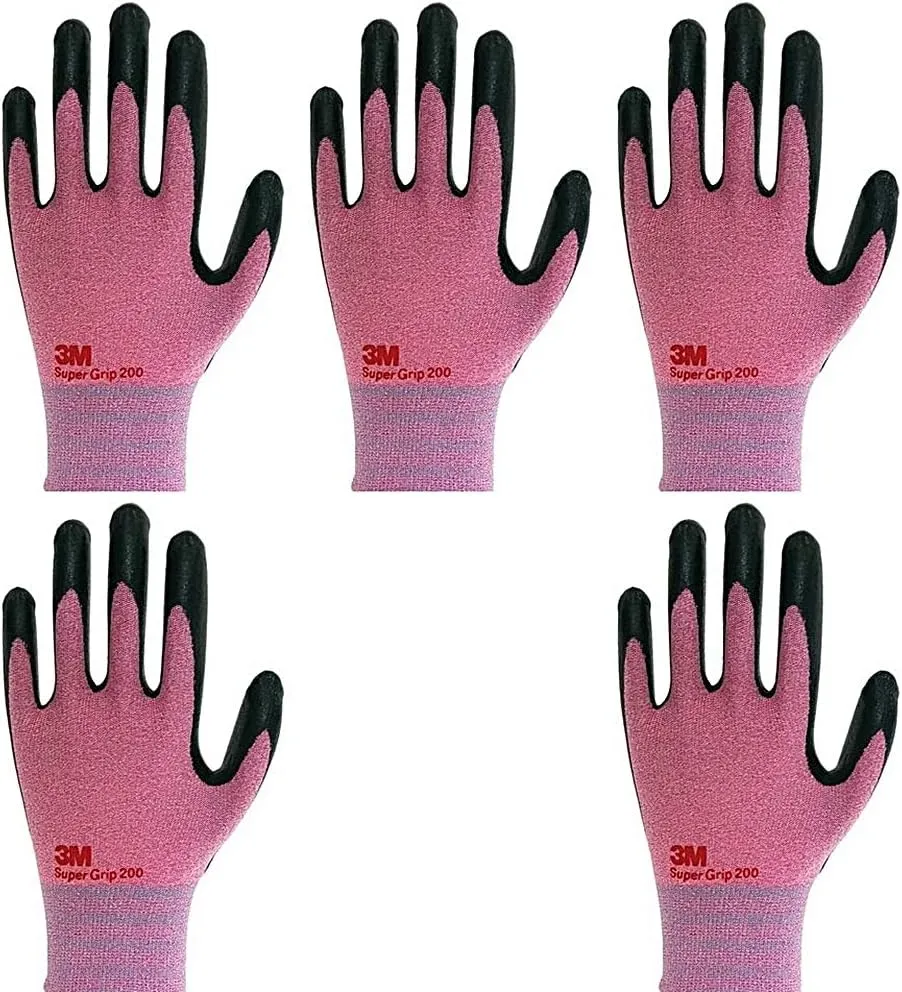 Lightweight Nitrile Work Gloves Supegrip200, 3D Comfort Stretch Fit, Durable Power Grip Foam Coated, Smart Touch, Thin Machine Washable, 5 Pairs Pack (Small, Pink)