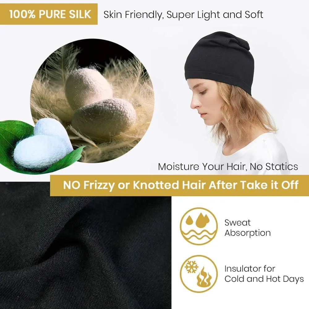 LilySilk Silk Knitted Slouchy Beanie Breathable Curly Hair Thin Women Men Stretch Skull Cap Slap Soft Comfortable