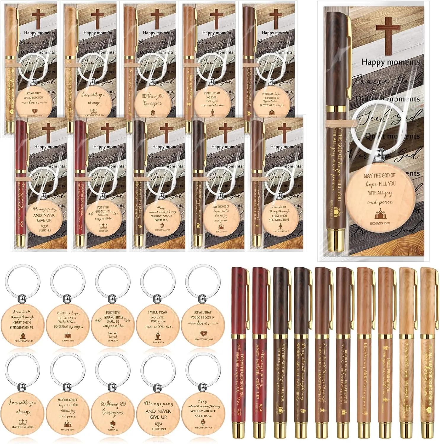 Lincia 30 Sets mothers day Christian Bible Gifts Scripture Ballpoint Pens Motivational Bookmark Cards Religious Keychains with Bags for Women Man Church Members Sunday School Christian Party Favors