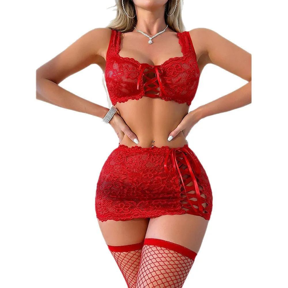 Lingerie Lace Bra Miniskirt Thong