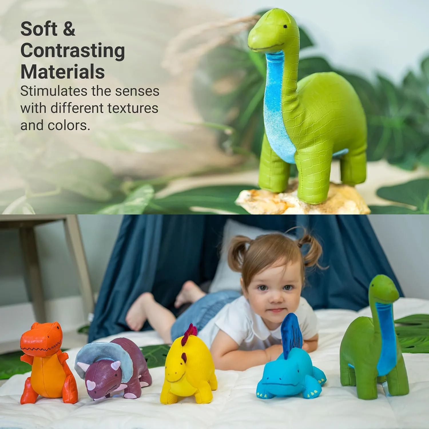 Little Big Friends Dino Friends | Stimulate The Senses with Colors, Textures & a Tinkling Bell | Vegan Leather | Easy to Clean | Hector The Brachiosaurus
