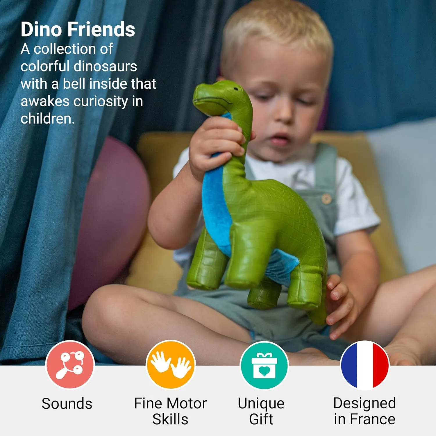 Little Big Friends Dino Friends | Stimulate The Senses with Colors, Textures & a Tinkling Bell | Vegan Leather | Easy to Clean | Hector The Brachiosaurus