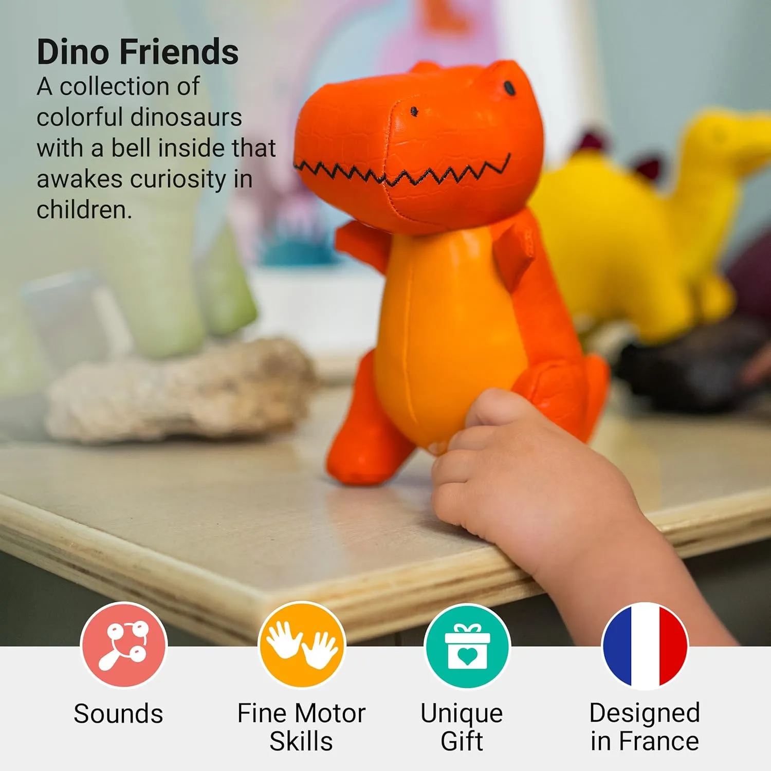 Little Big Friends Dino Friends | Stimulate The Senses with Colors, Textures & a Tinkling Bell | Vegan Leather | Easy to Clean | Rex The Tyrannosaurus