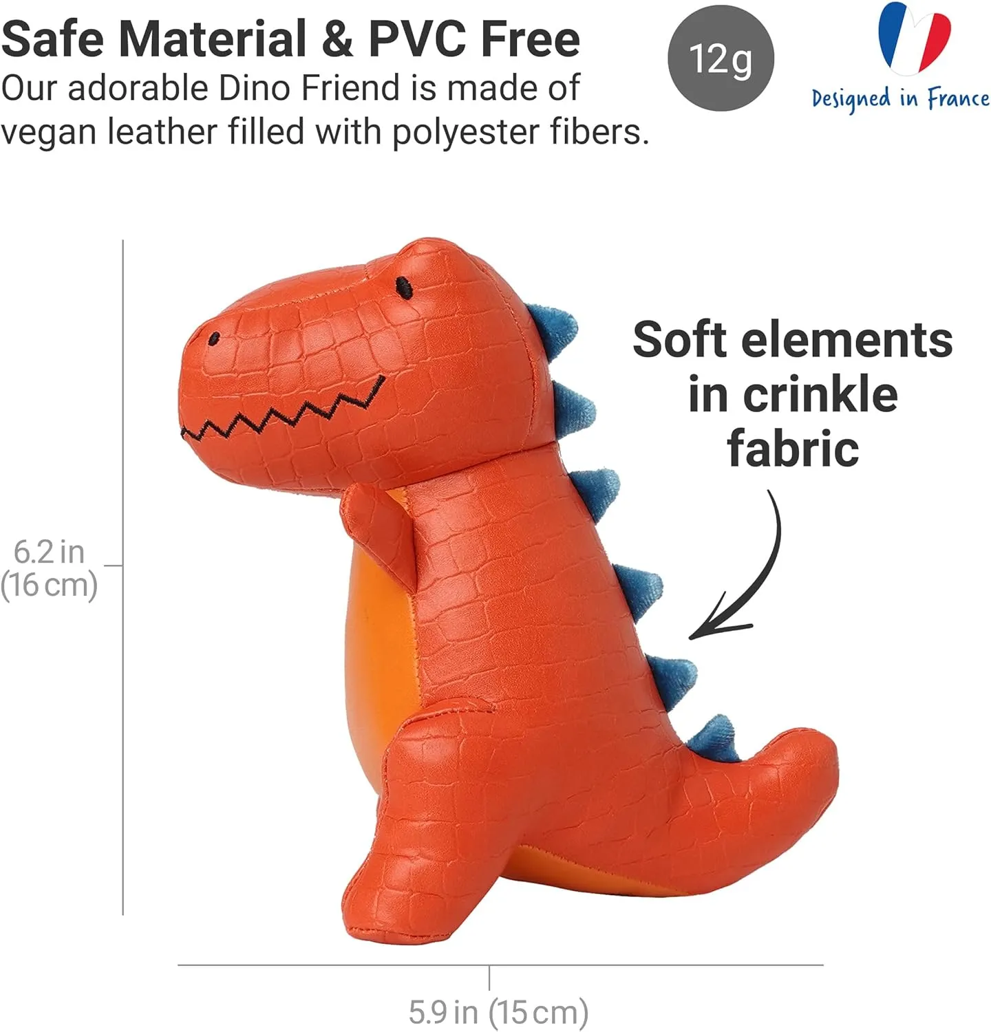 Little Big Friends Dino Friends | Stimulate The Senses with Colors, Textures & a Tinkling Bell | Vegan Leather | Easy to Clean | Rex The Tyrannosaurus