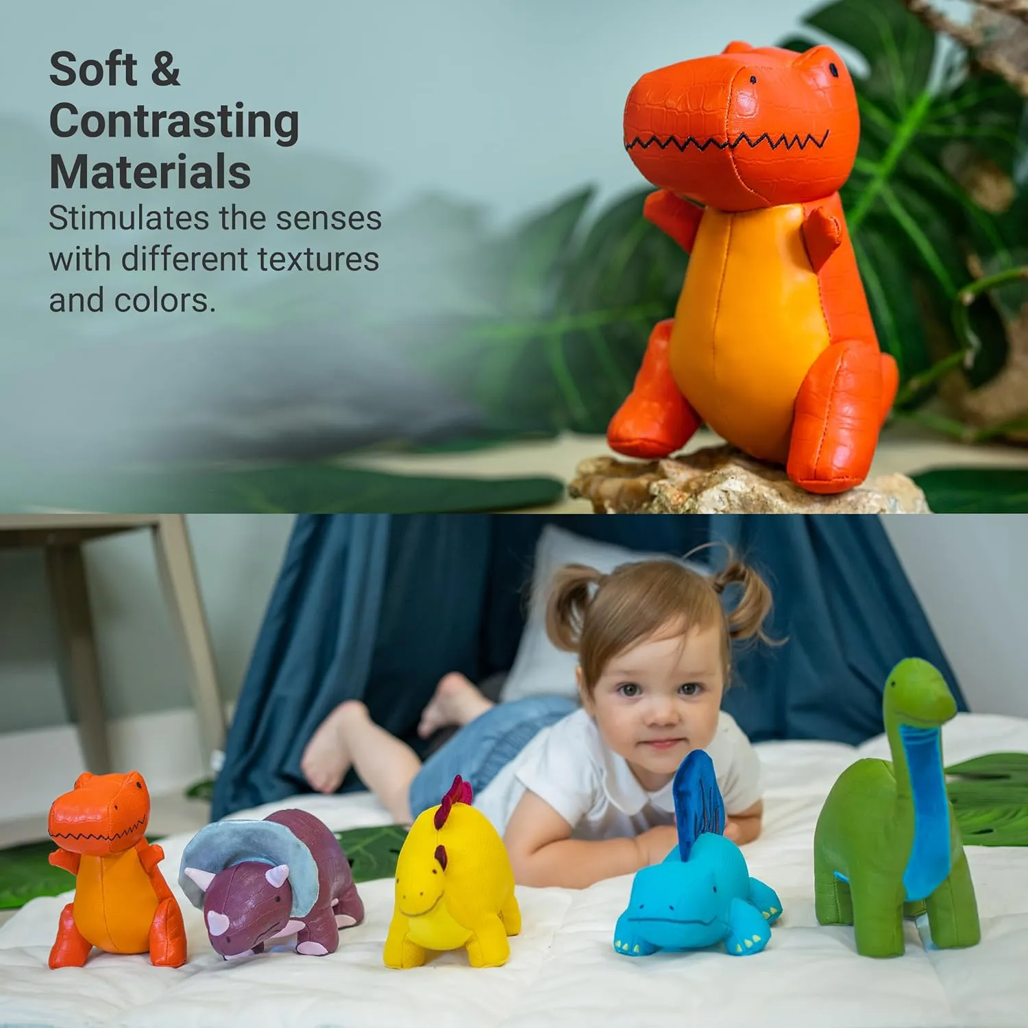 Little Big Friends Dino Friends | Stimulate The Senses with Colors, Textures & a Tinkling Bell | Vegan Leather | Easy to Clean | Rex The Tyrannosaurus