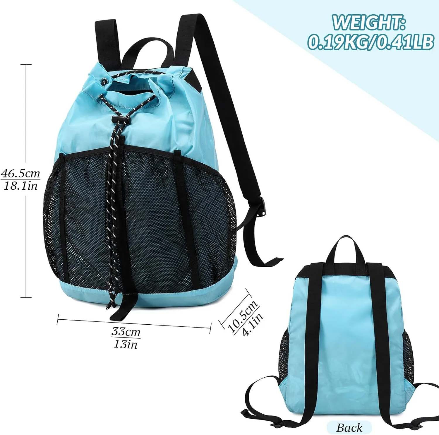 Lohol Lightweight Nylon Lightweight Drawstring Backpack with Mesh Pockets for Women Men, Water Resistant String Bag for Sports Beach Swimming Camp Travel (Light Blue)