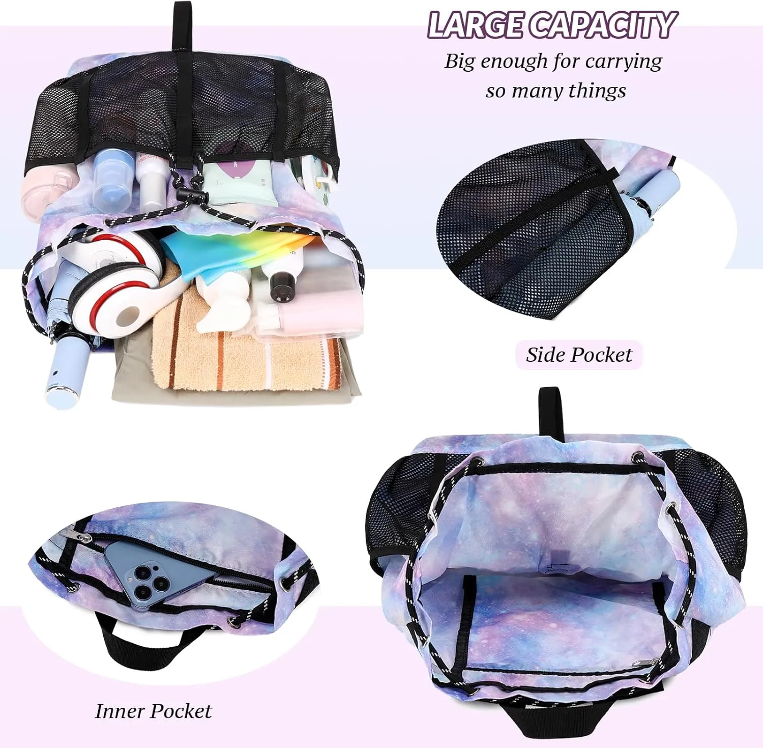 Lohol Lightweight Nylon Lightweight Drawstring Backpack with Mesh Pockets for Women Men, Water Resistant String Bag for Sports Beach Swimming Camp Travel (Light Blue)