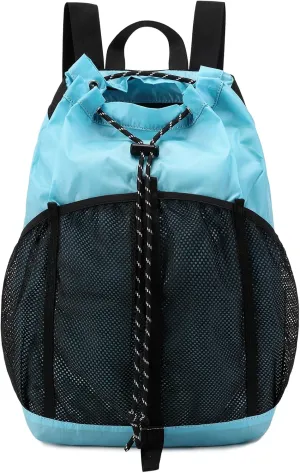 Lohol Lightweight Nylon Lightweight Drawstring Backpack with Mesh Pockets for Women Men, Water Resistant String Bag for Sports Beach Swimming Camp Travel (Light Blue)