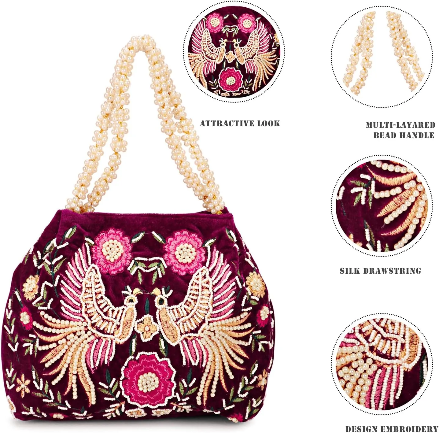 LONGING TO BUY Indian Peacock Embrodiery Potli Bag With Both Side Hand Work, Fancy Potli Bag for Women