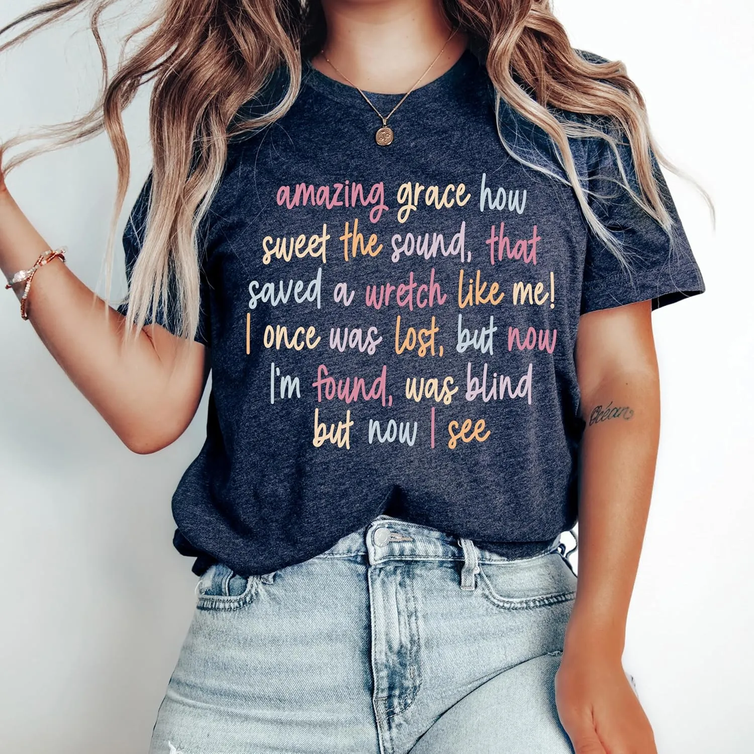 Love in Faith, Amazing Grace, Christian T-Shirts for Women, Faith-Based Apparel, Christian Gifts, Heather Navy
