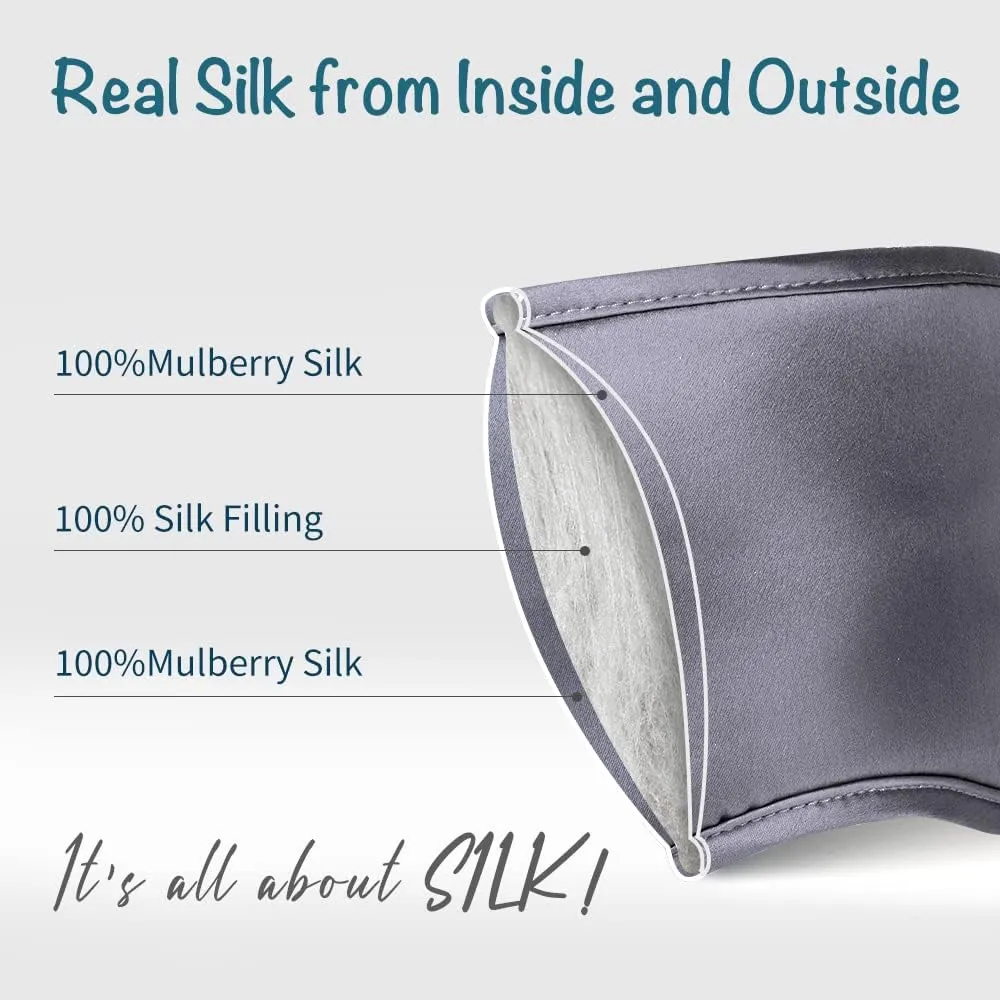 LULUSILK Mulberry Silk Sleep Eye Mask Blindfold with Elastic Strap Headband, Soft Eye Cover Eyeshade for Night Sleeping, Travel, Nap (Charcoal Gray)