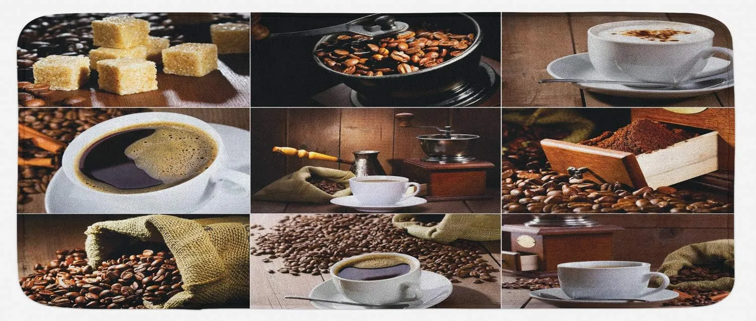 Lunarable Coffee Kitchen Mat, Different Photos of Coffee Mugs and Roasted Bean Bags Grinder Sugarcubes Collage, Plush Decorative Kitchen Mat with Non Slip Backing, 47" X 19", Brown White