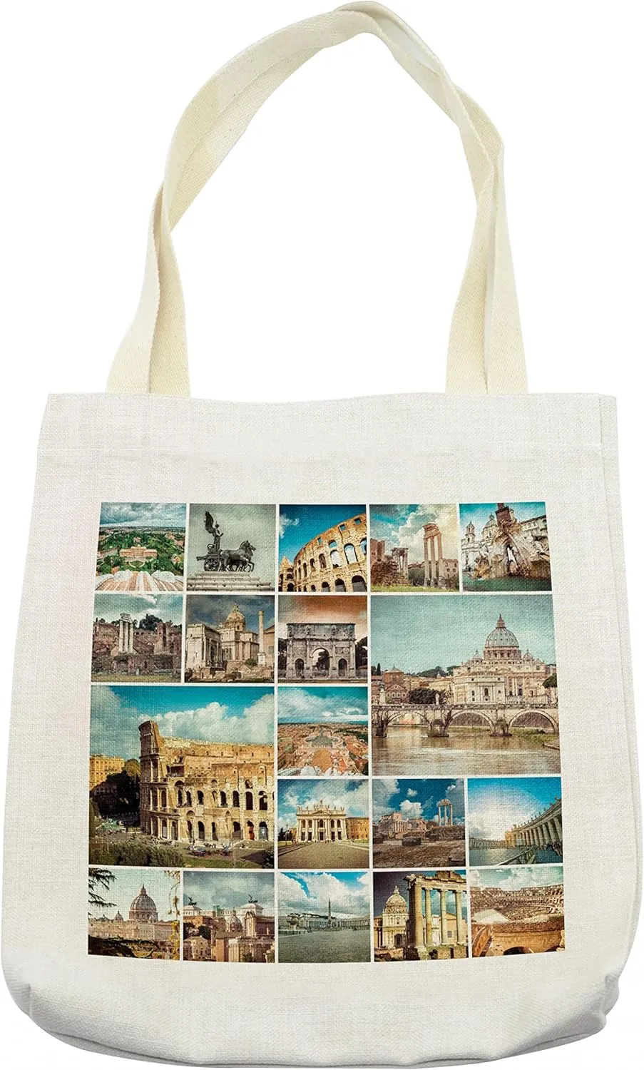 Lunarable Italian Tote Bag, Italian Town Collage with Classic Monumental Details Coliseum Mediterranean City, Cloth Linen Reusable Bag for Shopping Books Beach and More, 16.5" X 14", Cream