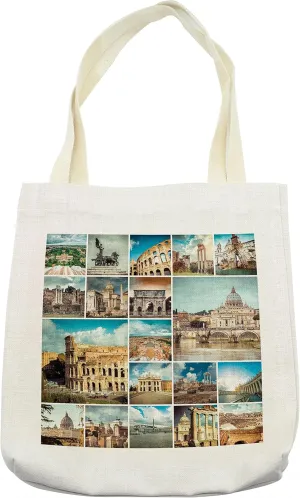 Lunarable Italian Tote Bag, Italian Town Collage with Classic Monumental Details Coliseum Mediterranean City, Cloth Linen Reusable Bag for Shopping Books Beach and More, 16.5" X 14", Cream