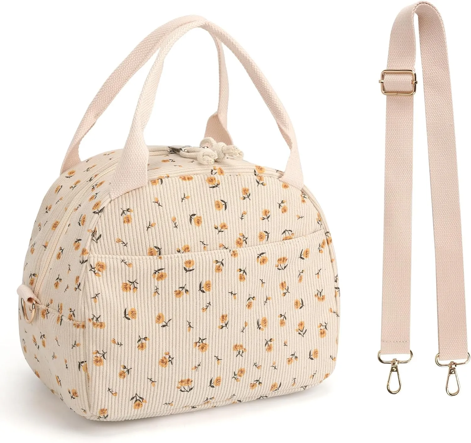 Lunch Bag Women with Shoulder Strap【Large Capacity】【Strengthen Insulation】【Durable ＆ Waterproof】 Cute Corduroy Lunch Tote Bag, Reusable Insulated Lunch Box/Cooler for Women/Girl/Men, Brown-Flower