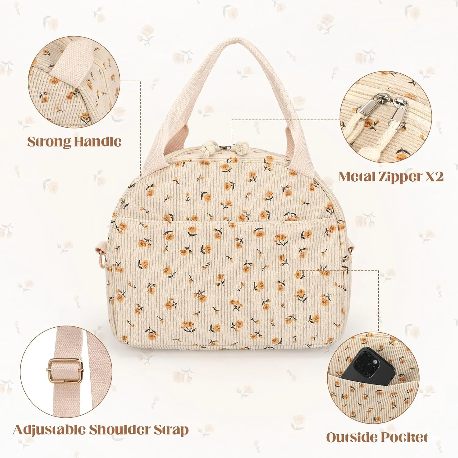 Lunch Bag Women with Shoulder Strap【Large Capacity】【Strengthen Insulation】【Durable ＆ Waterproof】 Cute Corduroy Lunch Tote Bag, Reusable Insulated Lunch Box/Cooler for Women/Girl/Men, Brown-Flower
